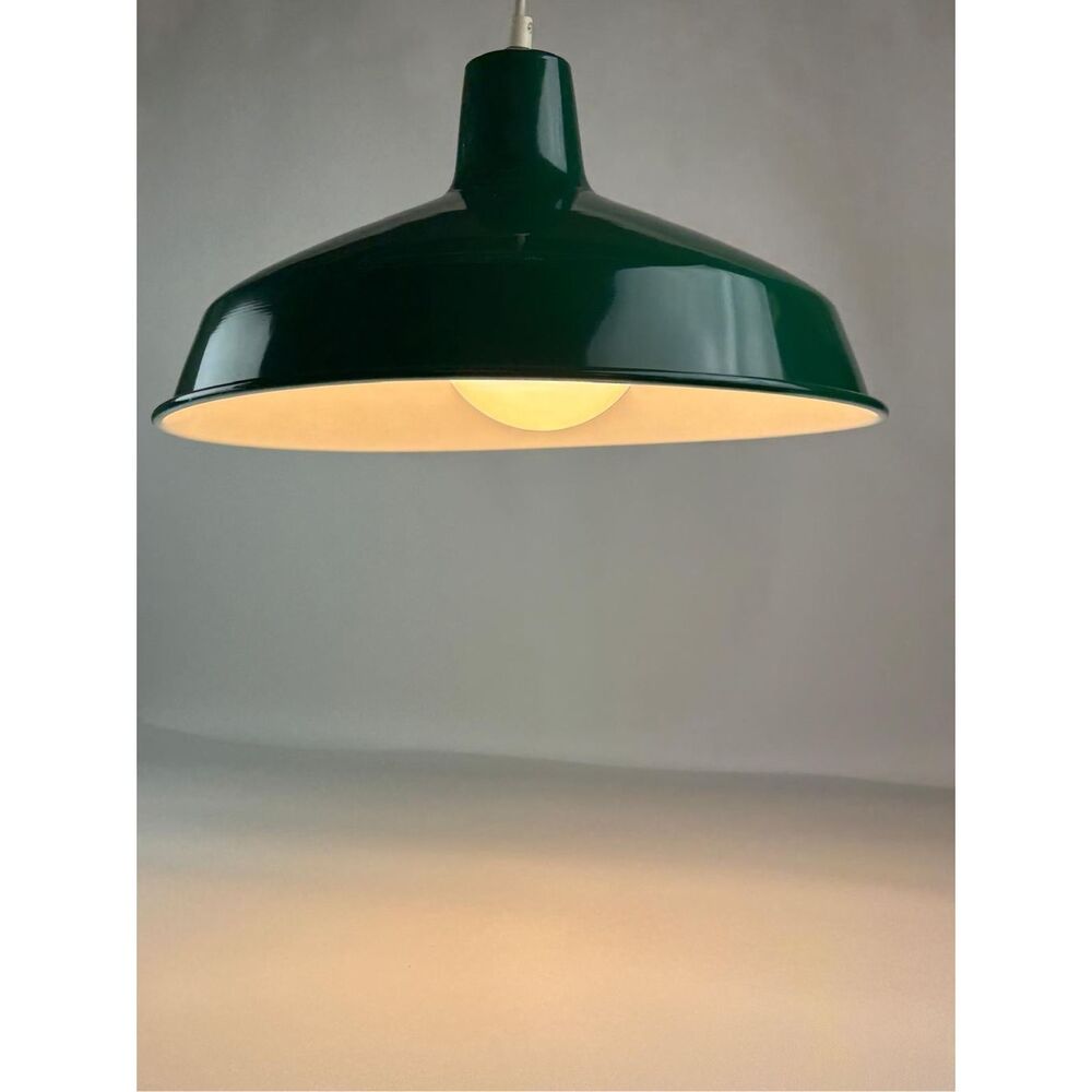 Vtg Aluminum Hanging Pendant Light Dome Shade PlugIn Ceiling Industrial Green